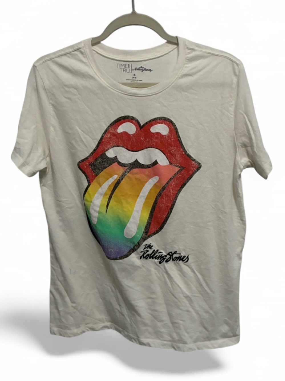 Time and Tru the Rolling Stones Cream Tee with Red Lips and Rainbow Tongue